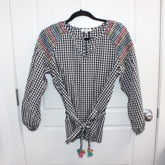 Madewell Smocked Black Gingham Blouse Size Small - Picture 1 of 4